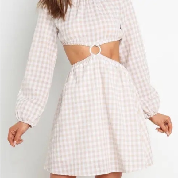Petal & Pup Dresses & Skirts - Petal & Pup Beige Cut Out Gingham Dress 100% Cotton Mini Puff Sleeves Size 4